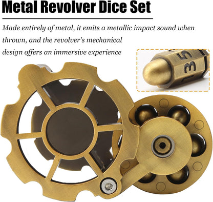 Bullet Dice, Revolver Bullet Metal Dice Set with Spinning Revolver Cylinder Container & Seven Polyhedron Dices for Sci-Fi, War, Crime Theme Tabletop Games