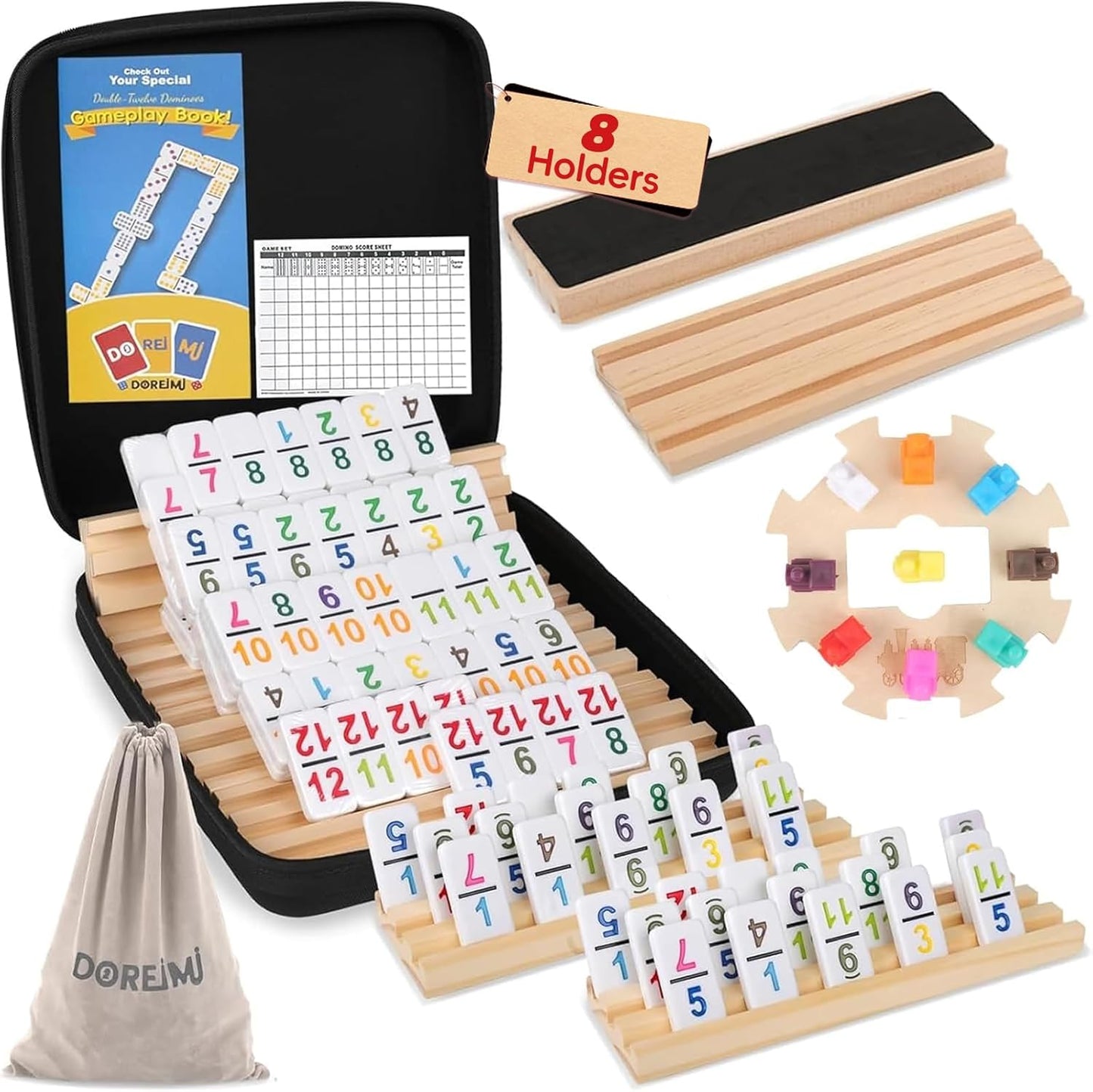 Mexican Train Dominoes Set with Numbers and 8 Wooden Holders, Double 12 Dominos Set for Kids, Adults Travel Domino Train with 91 Tiles and Upgrated Hub, Classic Board Games for Family Night
