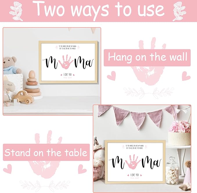 QOUBAI Mother's Day Handprint Art Craft DIY Kit Mother's Day Gifts from Daughter or Son Children Adults Handprint Keepsake with Wood Frame for Mom Grandma Birthday Holiday Activities 12x16 Inch