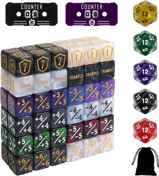 79PCS MTG Dice Counters Bulk Ability Keywords Dice Set, MTG Health Tracker Life Counter Plus 1/+1 Shield Buff Tokens for TCG Magic Card Games Accessories CCG Creature Stats