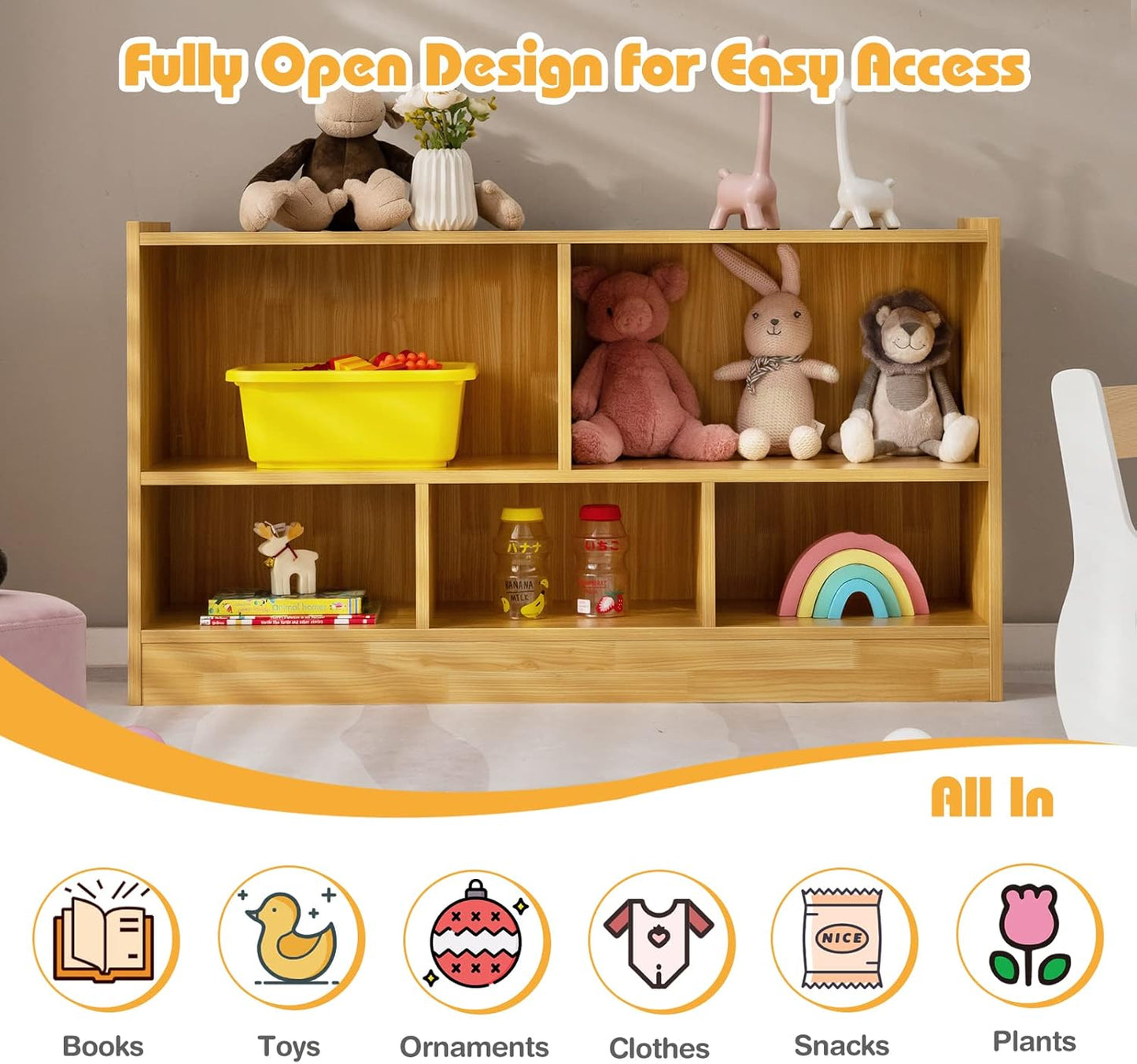 KOTEK Toy Storage Organizer, 5 Cubby Kids Bookshelf, Wooden 3-Tier Bookcase Storage Cabinet, Open Display Book Shelf for Daycare, Nursery, School Classroom, Playroom & Living Room (Burlywood, 5 Cubes)