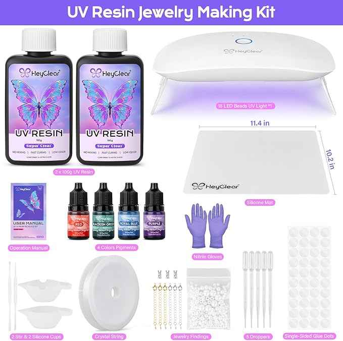 HeyClear UV Resin Kit Jewelry Making Supplies with 18 LED Beads UV Light -200g UV Resina Clear, Hard, Premixed and Fast Curing UV Glue for Coating, Create Decorations, DIY Art Crafts for Adults