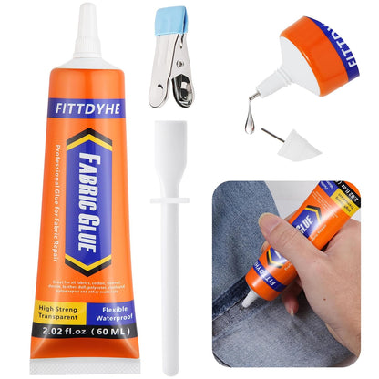 Fabric Glue Permanent, 60 ML Washable Clear Clothing Glue, Super Fabric Adhesive for Rhinestones, Patches, Clothes, Denim, Leather, Polyester, Fabrics, Doll Repair, Flannel, Cotton