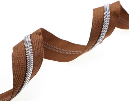 Leekayer #5 Silver Metallic Nylon Coil Zippers by The Yard Bulk 10 Yards Brown Zipper Tape with 25pcs Silver Ring Pull Sliders for DIY Sewing Tailor Craft Bag(Brown)