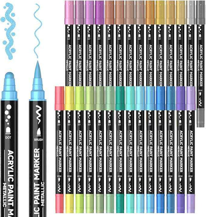 28 Metallic Colors Dual Tip Acrylic Paint Markers, Brush Tip and Dot Tip Acrylic Paint Pens for Rock, Ceramic, Wood, Canvas, Plastic, Glass, Stone, Calligraphy, Card Making, Crafts & Nail Art