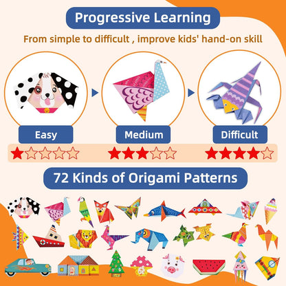 Origami Paper Kit for Kids Ages 5-8 8-12,152 Sheets Origami Paper - 72 Double Sided Patterns with Instructional Book,DIY Art Craft Projects,Travel Game Activity,Gift for Boys Girls Beginners - Crafty Corner