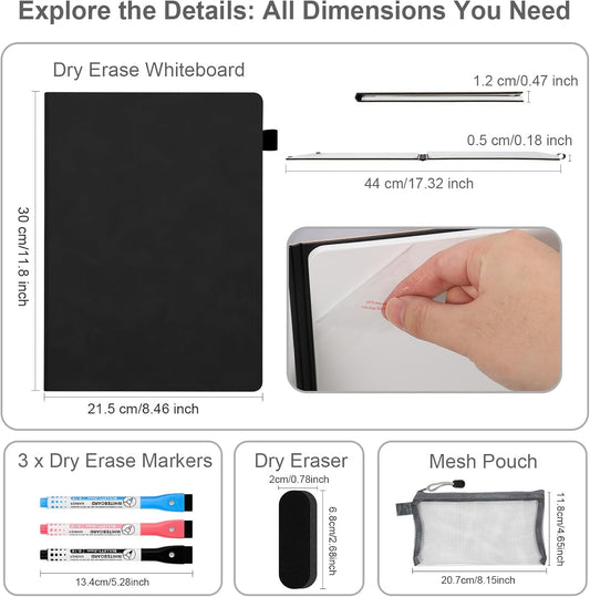 AGM Portable White Board Dry Erase Notebook, 12" x 9" Double Sided Folding Whiteboards with 3 Pens, Small Travel Dry Erase Board Skin-Friendly Material for Study, Meeting, Planning, Dark