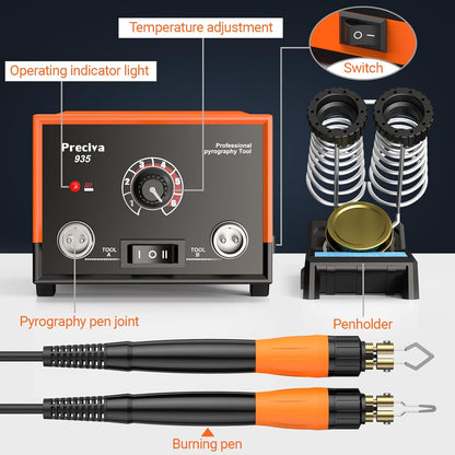 Preciva 935 Dual Handle Wood Burning Kit - Professional Pyrography Tool with 20 Wire Nibs & Pen Holder | Adjustable Temp 482~1382℉ | for Wood Burning, Leather Craft, Art Designs - Crafty Corner