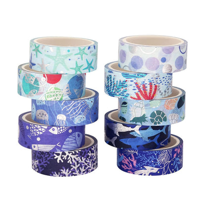 Blue Ocean Washi Tape Set 10 Rolls Bronzing Sea Decorative Masking Tapes for Scrapbooking, Bullet Journal, Planner, DIY Crafts, Gift Wrapping