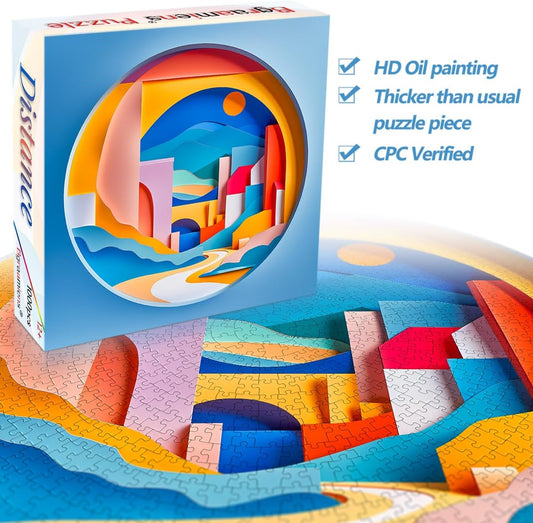 Bgraamiens 3D Visual Sunrise in The Distance 1000 Pieces Round Puzzle for Adult,Unique Modern Art