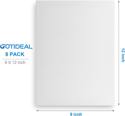 GOTIDEAL Stretched Canvas, 9x12 Inch Set of 8, Primed White - 100% Cotton Artist Canvas Boards for Painting, Acrylic Pouring, Oil Paint Dry & Wet Art Media
