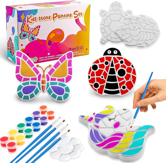 Stepping Stones Painting Kit for Kids Ages 4-12 - 5 Pack Paint Your Own Garden Stones with Butterfly, Unicorn & Ladybug Designs, Outdoor Art & Craft Activity Set, Christmas Gifts for Boys & Girls