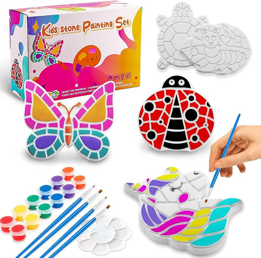 Stepping Stones Painting Kit for Kids Ages 4-12 - 5 Pack Paint Your Own Garden Stones with Butterfly, Unicorn & Ladybug Designs, Outdoor Art & Craft Activity Set, Christmas Gifts for Boys & Girls