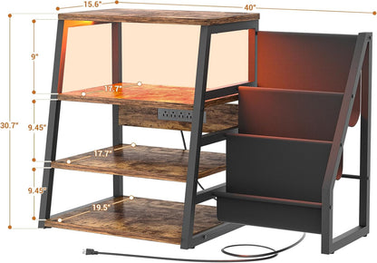 AV Media Stand with Outlets, Stereo Stands and Racks with Vinyl Storage, Stereo Stand with Record Storage, Audio Stereo Rack Cabinet, Turntable Console Stand with LED lights, 4 Tiers, Rustic Brown