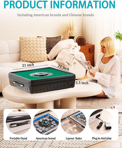 Portable Automatic Mahjong Table, Hand-held Mini-Mahjong, Automatic Mahjong, Foldable Mahjong Table w/American&Chinese -Style Magnetic Tiles, for Outdoor & Home Fun (Black)