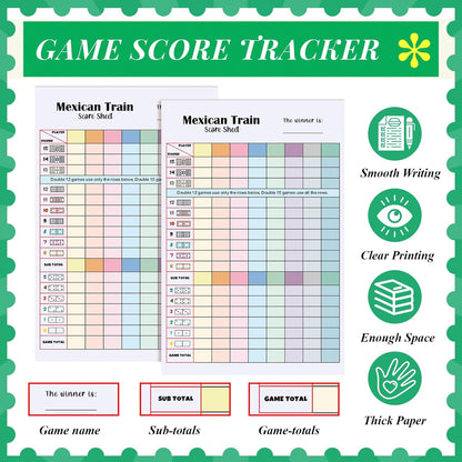 2 Pack 120 Sheets Mexican Train Score Pads Colorful Chicken Foot Dominoes Game Scorepad Adult Mexican Train Score Sheet Scoreboard Paper Record Clearly for Family Game (8 x 5.5 Inches)