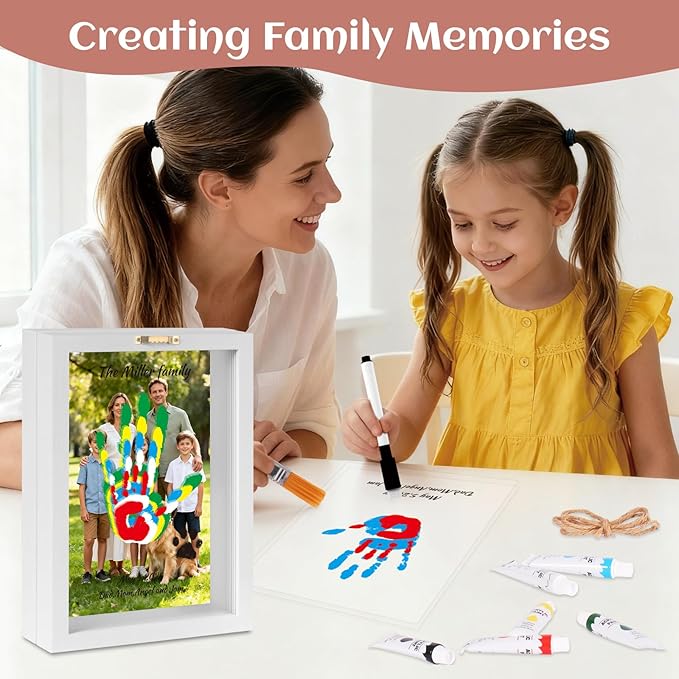 Family Handprint Kit, DIY Baby Hand and Footprint Handmade Keepsake Wooden Frame, Family Gifts with 6 Non-Toxic Baby-Safe Paint, Ideas Gift for New Parents, Grandparents, Father's Day, Mother's Day
