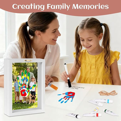 Family Handprint Kit, DIY Baby Hand and Footprint Handmade Keepsake Wooden Frame, Family Gifts with 6 Non-Toxic Baby-Safe Paint, Ideas Gift for New Parents, Grandparents, Father's Day, Mother's Day