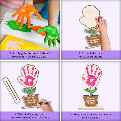DIY Mothers Day Handprint Flower Pot Craft Wooden Hanging Sign, Baby's First Mothers Day Flower Handprint Keepsake Gift, Unique Gifts for 1st New Mom Crafts from Kids Foot Prints for Grandma Mom Mommy