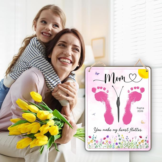 DIY Mothers Day Footprints Butterfly Craft Wooden Hanging Sign, Babys First Mothers Day Butterfly Footprint Keepsake Gifts, You Make My Heart Flutter Crafts Gift for 1st New Mom from Kid PreK Activity