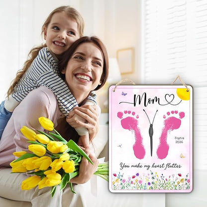DIY Mothers Day Footprints Butterfly Craft Wooden Hanging Sign, Babys First Mothers Day Butterfly Footprint Keepsake Gifts, You Make My Heart Flutter Crafts Gift for 1st New Mom from Kid PreK Activity