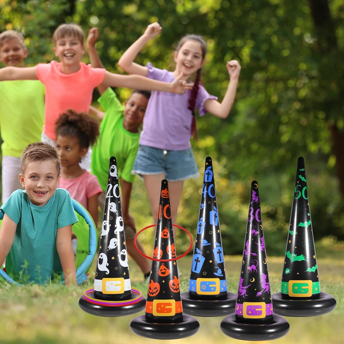 Halloween Ring Toss Game Set, 5Pcs Inflatable Witch Hats with 10Pcs Colorful Plastic Rings and Air Pump for Halloween Party Games Super Fun Indoor Outdoor Party Supplies