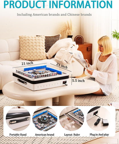 Portable Automatic Mahjong Table, Hand-held Mini-Mahjong, Automatic Mahjong, Foldable Mahjong Table w/American&Chinese -Style Magnetic Tiles, for Outdoor & Home Fun (White)