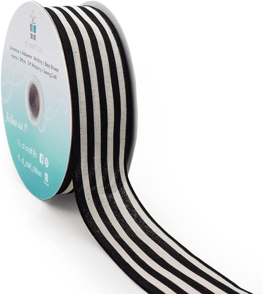 CT CRAFT LLC Striped Canvas Cotton Ribbon 2.5" x 50 Yards Ivory/Black Stripes for Thanksgiving Christmas Home Décor Gift Wrapping Outdoor Tree Topper Bow Wreath - Crafty Corner