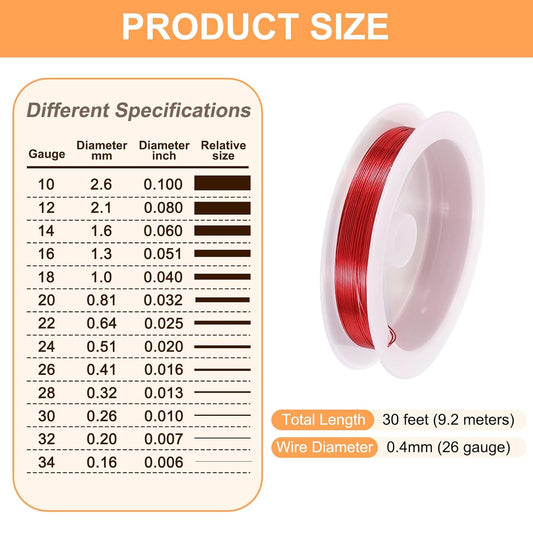 HARFINGTON 30ft Jewelry Wire, 26 Gauge (0.4mm) Brass Craft Soft Metal Tarnish Resistant Copper Beading Wire for Jewelry Making Supplies Crafting, Bright Red