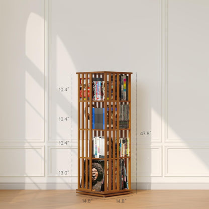 XIMN 360° Rotating Bamboo CD/DVD Shelf - 6-Tier Space-Saving Media Storage Cabinet for Movies, Organizer with Super Compact Design (Walnut, 4 Tier)