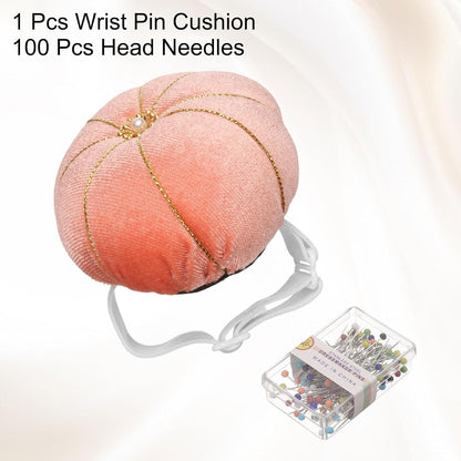 HARFINGTON Wrist Pin Cushion Wristband Sewing Pincushion Polyester Pin Holder Wearable Pumpkin Shaped Needles Wristband with 100 Head Needles for Sewing Quilting DIY Crafts, Orange