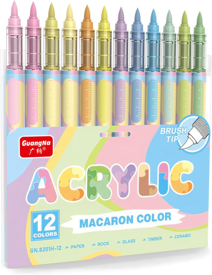 Guangna 12 Macaron Acrylic Paint Markers Set, Brush Tip Acrylic Paint Pens for Rock Painting, Wood, Glass, Paper, Coloring Book, Ceramic, Canvas, Water-Based Ink