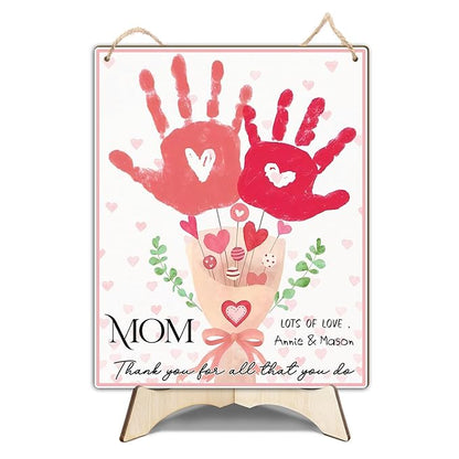 Mom Pink Floral Bouquet DIY Baby Handprints Art Craft Handprint Making Sign, Mothers Day Handprint Hanging, Mother's Day Birthday Gift from Kids Toddler Baby Gift for Mom, Children Toddler Keepsake