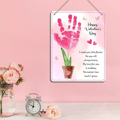 DIY Baby's First Valentine's Day Pink Flower Handprint Hanging Sign, Kids First Valentine Handprint Art Craft Keepsake Gifts for New Mom Dad, My 1st Valentine Crafts, Baby Milestone Announcement Props