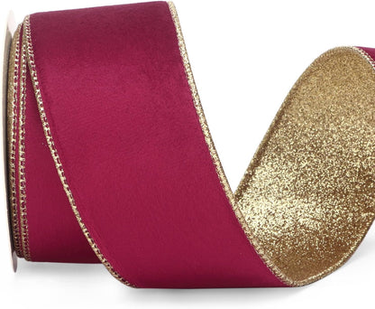 Ribbli Burgundy Velvet Wired Ribbon 2.5 Inch Burgundy Velvet with Gold Glitter Christmas Ribbon for Christmas Tree Decoration Big Bow Gift Wrapping Crafts Wreaths Supplies- 10 Yards - Crafty Corner