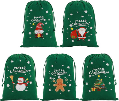Tapleap Coth Christmas Bags with Drawstring - 50Pcs 7x10 Green Velvet for Small Bussiness Wrapping Christmas Party Favors or Gifts for Friends, Coworkers