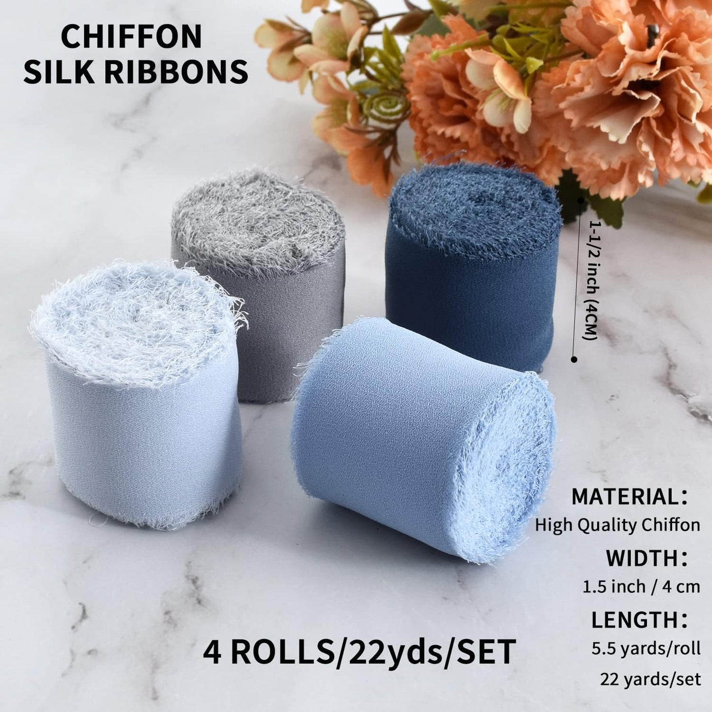 TONIFUL 4 Rolls Silk Chiffon Ribbon, 1-1/2 Inch x 22yds, Dusty Blue Chiffon Ribbons Set, Handmade Fringe Silk Ribbon for Gift Wrapping Bridal Bouquets Wedding Invitations Decoration Crafts - Crafty Corner