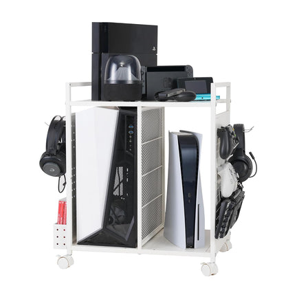 PLKOW Video Game Storage Rack, Game Storage Organizer for Consoles, Controllers, Headphones PS5 PS4 Xbox Switch Nintendo Accessories, Rolling PS5 Console Stand, Perfect Holiday Present, White