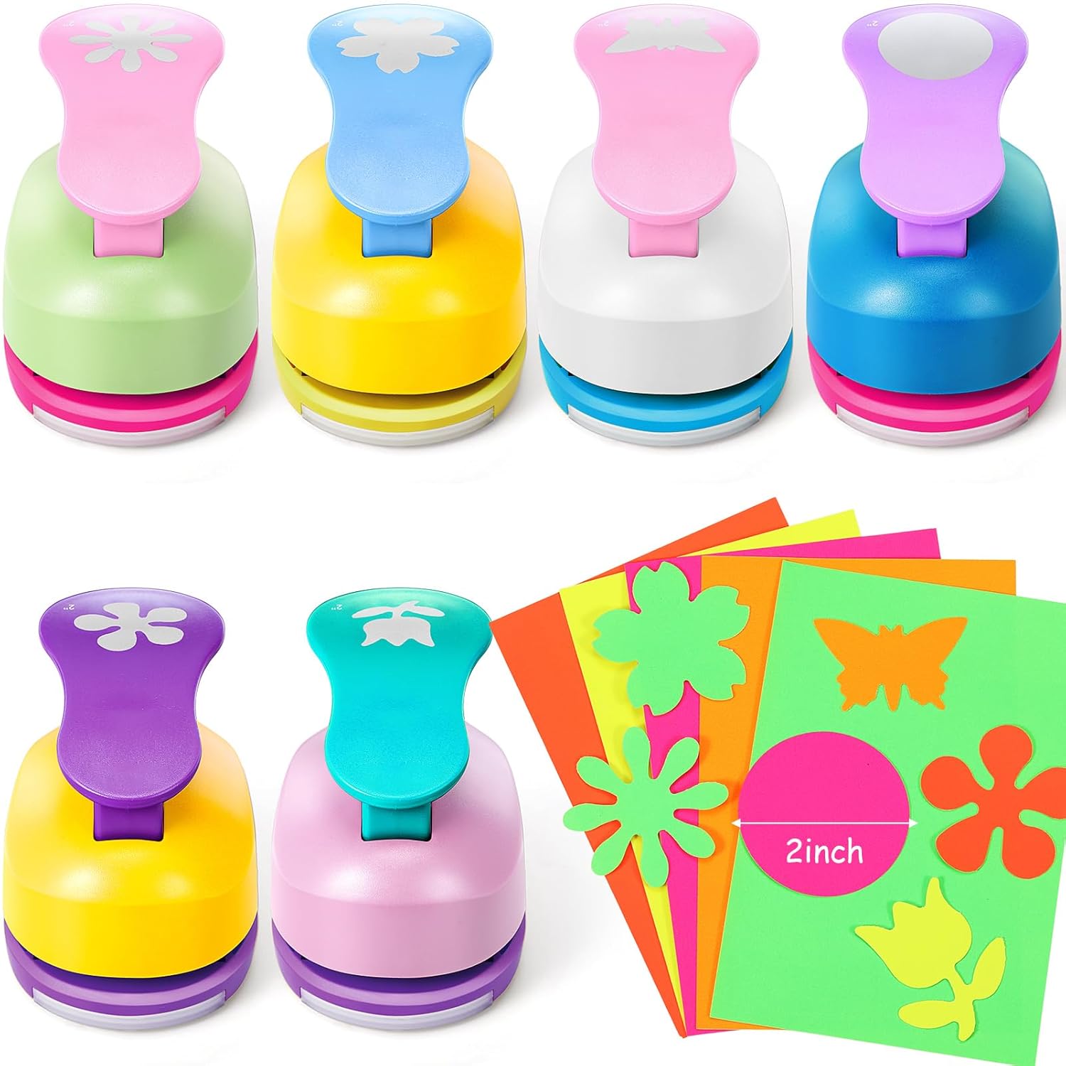 CHENGU 16 Pcs Craft Holes Punch Paper Punchers Scrapbook Punches with Craft Sticker Paper, Round, Star, Square, Heart, Flower, Wave Circle Shape (Flower Style,2 Inch) - Crafty Corner