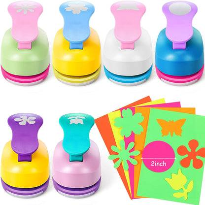 CHENGU 16 Pcs Craft Holes Punch Paper Punchers Scrapbook Punches with Craft Sticker Paper, Round, Star, Square, Heart, Flower, Wave Circle Shape (Flower Style,2 Inch) - Crafty Corner