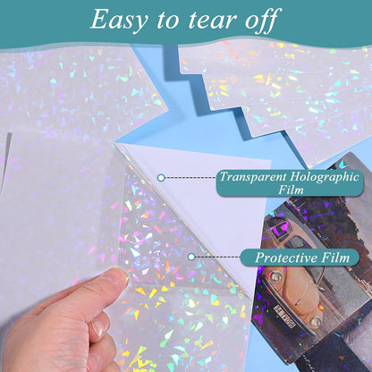 SHENLIU 60 Sheets Holographic Laminate Sheets Clear Glitter Vinyl Sticker Paper Holographic Overlay Self Adhesive Waterproof Transparent Film for Sticker Paper, 11.7 x 8.3 Inch (Gem Patterns)