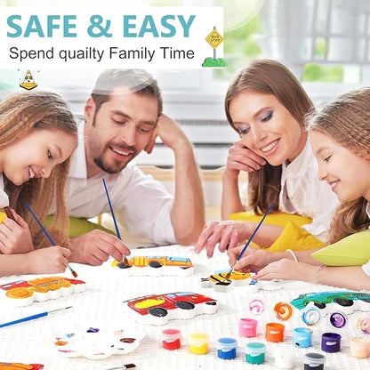 HyDren 8 Pack Paint Your Own Plaster Stones Spring DIY Outdoor Garden Arts and Crafts DIY Stones Painting Kit Supplies with Paint Palette and Brush for Easter Birthday Gifts(Car)