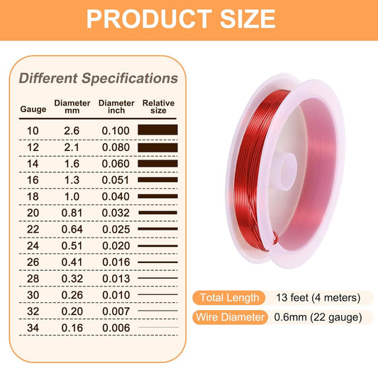 HARFINGTON 13ft Jewelry Wire, 22 Gauge (0.6mm) Brass Craft Soft Metal Tarnish Resistant Copper Beading Wire for Jewelry Making Supplies Crafting, Bright Red