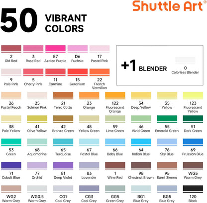 Shuttle Art 51 Colors Alcohol Markers, 50 Colors Dual Tip Art Marker Set Plus 1 Colorless Blender with Marker Case Perfect for Illustration Students Adult Coloring Sketching