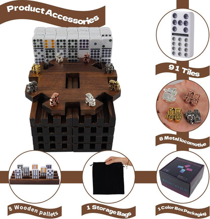 8 Players Mexican Train Dominoes Game Set - Double 12 Dominoes with Wooden Hub, 8 Metal Trains & Domino Storage Bag| Family Board Game for 2-8 Players