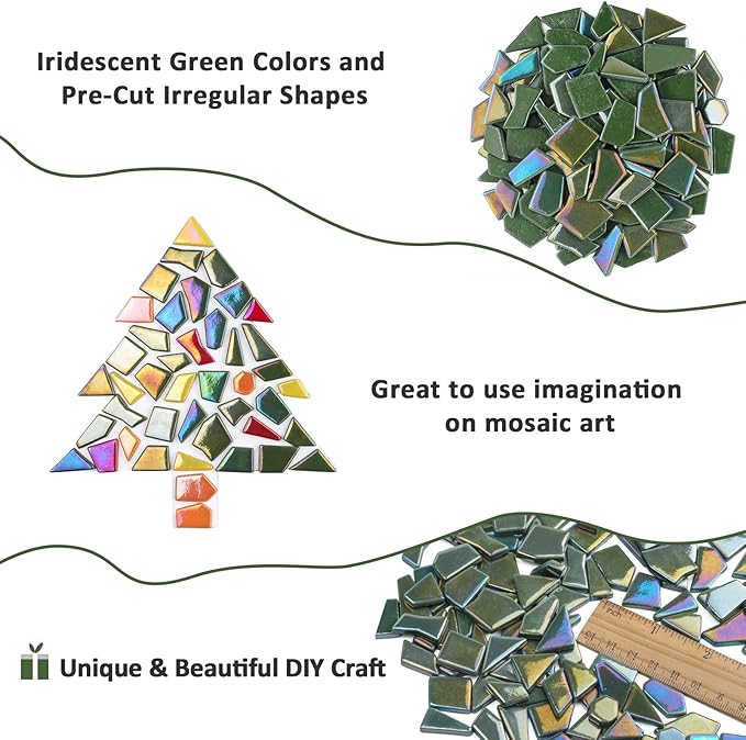 Youway Style Iridescent Glass Mosaic Tiles for Crafts Bulk,200g Green Broken Mosaic Glass Pieces for Garden Crafts Kits,DIY Mosaic Art Decor