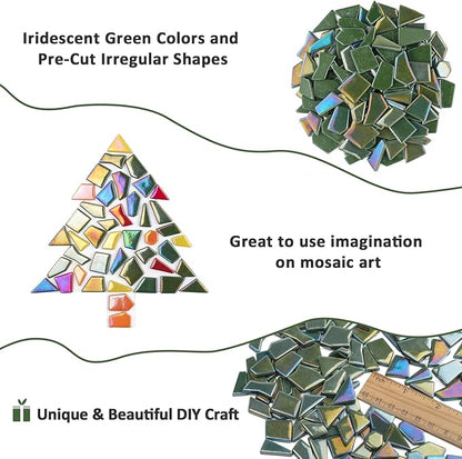 Youway Style Iridescent Glass Mosaic Tiles for Crafts Bulk,200g Green Broken Mosaic Glass Pieces for Garden Crafts Kits,DIY Mosaic Art Decor