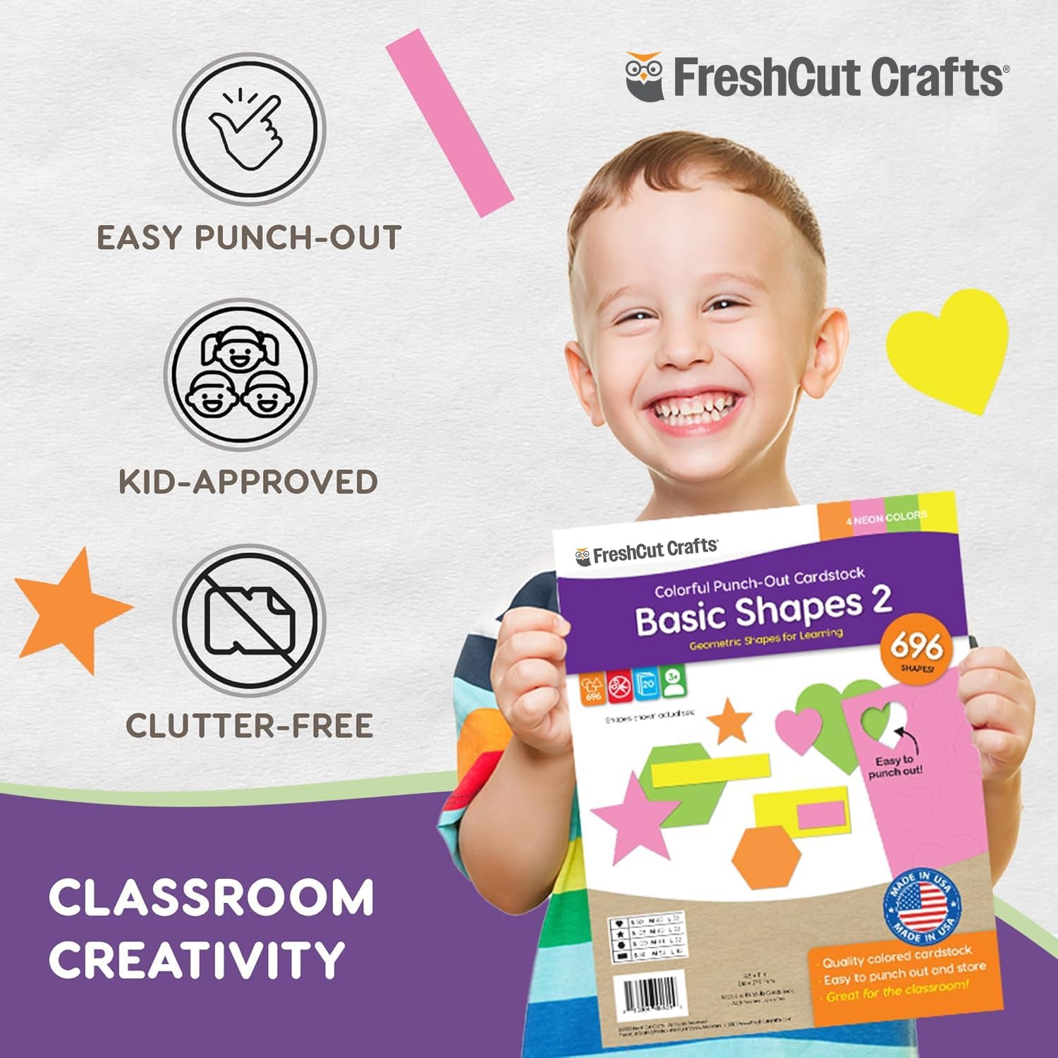 Basic Shapes 2: Hearts, Stars, Hexagons, Rectangles, 696 Pieces US Made Card Stock Punch Out Geometric Shapes in 3 Sizes and 4 NEON Colors for Math, Pattern Play and DIY Crafting - Crafty Corner