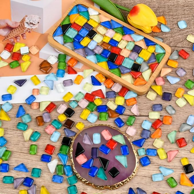 BUYGOO 500g Glass Mosaic Tiles for Crafts Assorted Colors Crystal Bulk Mosaic Glass with Different Shapes, Square, Triangle, Rectangle Stained for Garden Crafts, DIY Art Decor, Stepping Stone