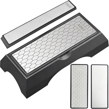 Diamond Sharpening Stone Set, Knife Sharpener Stone, Double-sided Coarse 400 / Fine 1000# | Extra Fine 3000 Grit, 2 Sizes Whetstone Tool with Non-Slip Base, Diamond Plate Honing Stone, Hone Sharpener